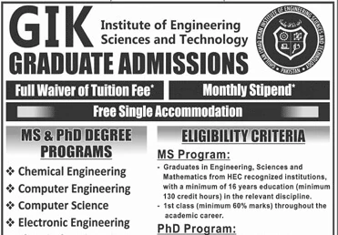 GIK Graduate Scholarships and Assistantship Schemes